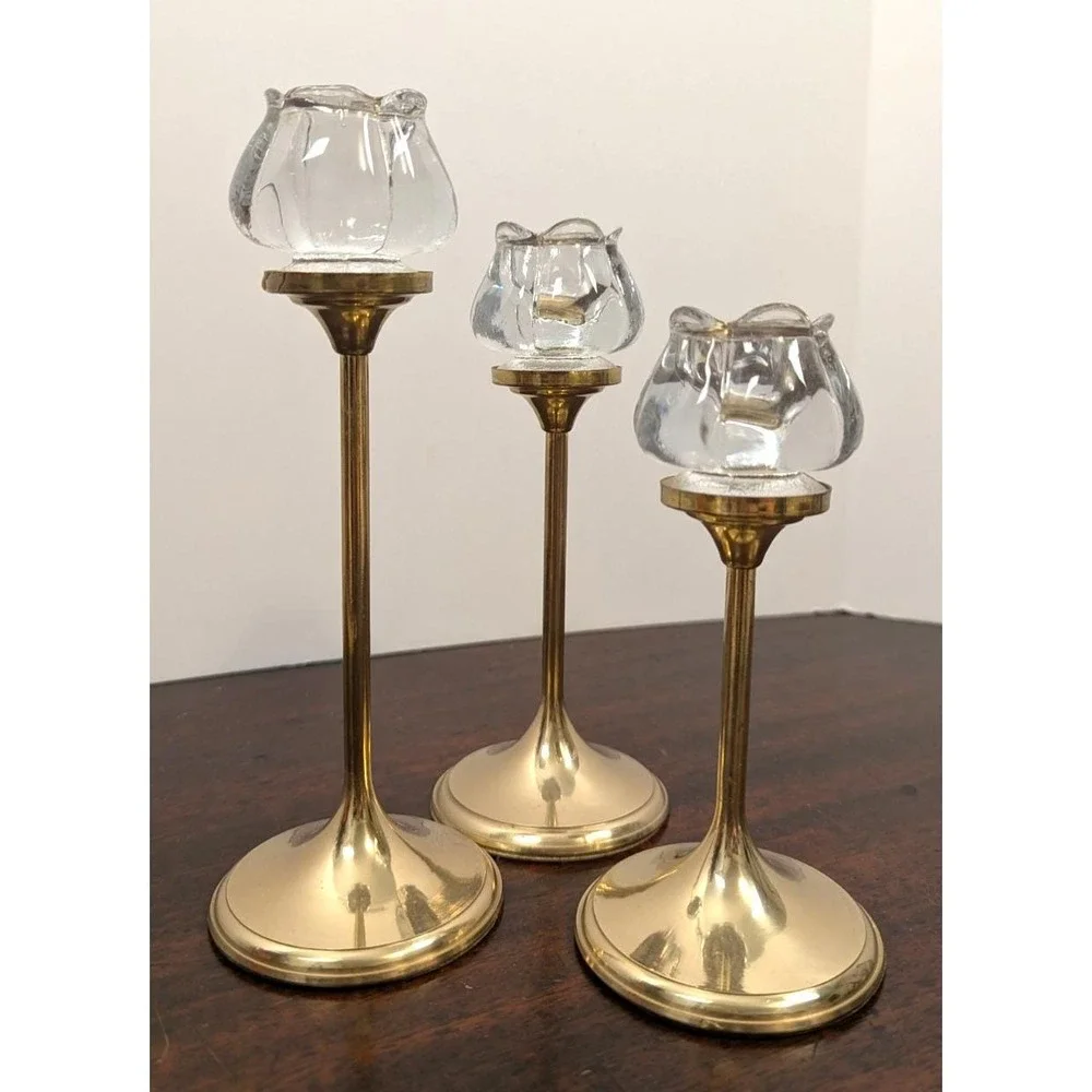Vintage Graduated Brass Candlestick Holders Set 3 Glass Tulip Votive Cups Gold